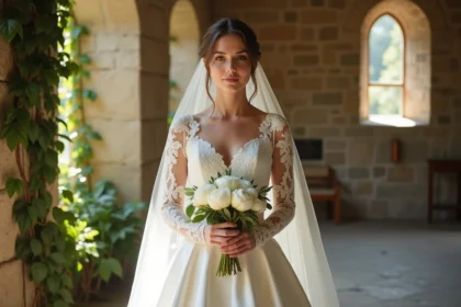 Mariée en robe longue manche en dentelle ivoire dans une chapelle en pierre, style moderne et élégant 2026