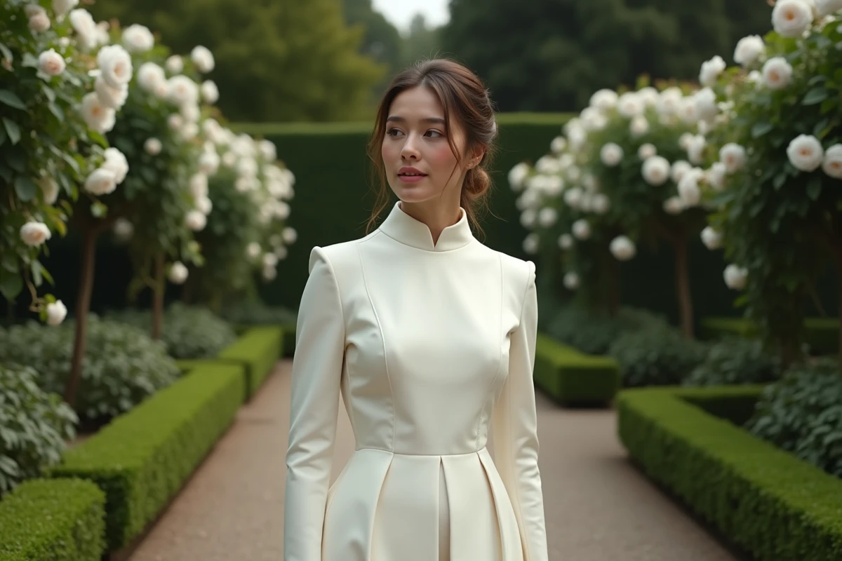 Robe de mariée longue manche minimaliste en crêpe dans un jardin botanique, tendance mariage 2026