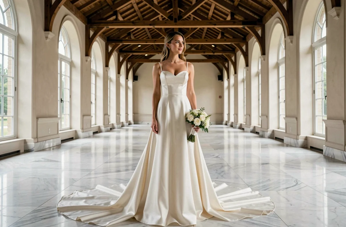 Mariée en longue robe de mariée en satin ivoire dans une salle de réception élégante avec fenêtres en arc et plancher en marbre poli