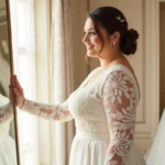 Robe de mariée à manches en dentelle pour femme ronde, coupe en A élégante et flatteuse dans une boutique de mariage