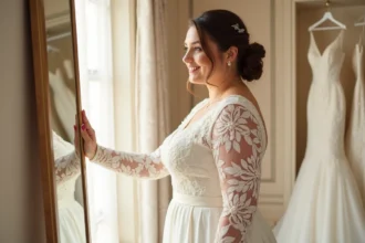 Robe de mariée à manches en dentelle pour femme ronde, coupe en A élégante et flatteuse dans une boutique de mariage