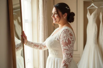 Robe de mariée à manches en dentelle pour femme ronde, coupe en A élégante et flatteuse dans une boutique de mariage