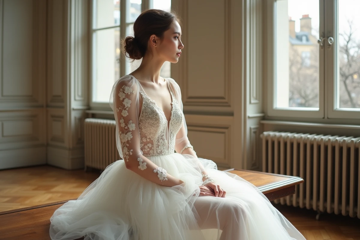 Mariée en robe longue manche organza brodée assise dans un appartement haussmannien parisien, style 2026