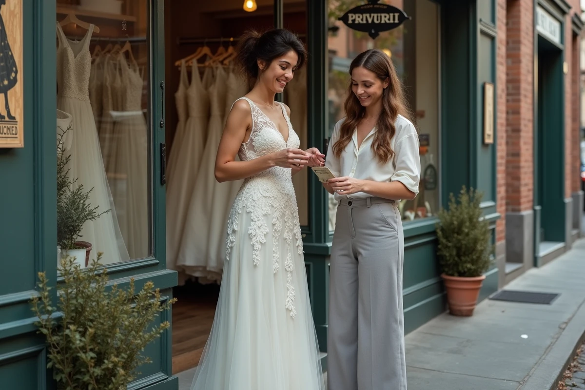 Mariée découvrant une robe de mariage d'occasion abordable devant une boutique vintage en ville