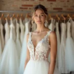 Jeune mariée en robe princesse blanche à jupe en tulle et corset en dentelle dans une boutique de mariage vintage