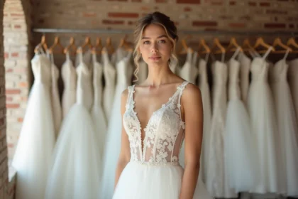 Jeune mariée en robe princesse blanche à jupe en tulle et corset en dentelle dans une boutique de mariage vintage