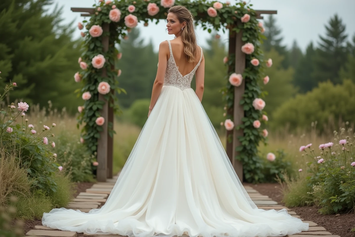 Mariée en robe princesse blanche à traine cathédrale posant dans un jardin fleuri avec une arche de roses pour un mariage champêtre économique