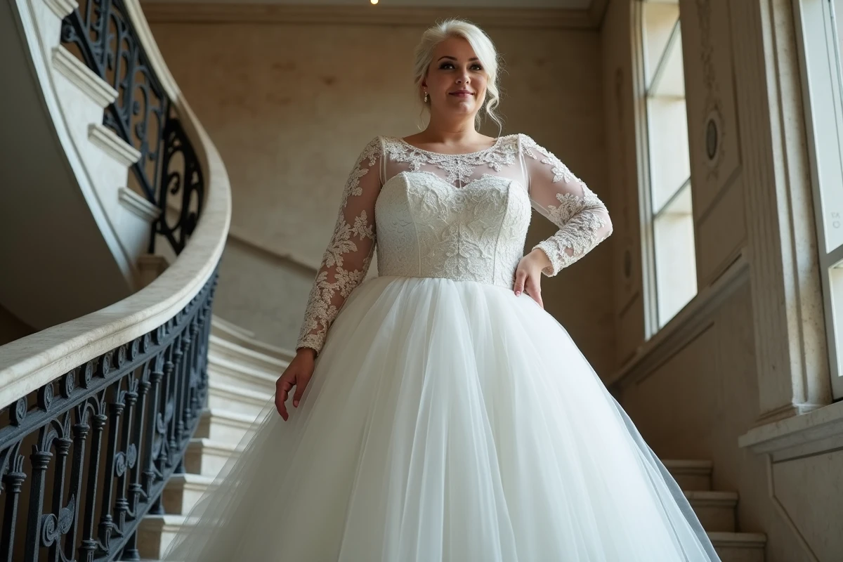 Robe de mariée à manches longues en dentelle pour femme ronde coupe princesse dans un manoir élégant