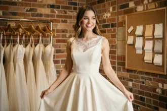 Jeune mariée en robe ivoire à dentelle dans une petite boutique de robes de mariée abordables