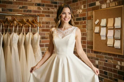 Jeune mariée en robe ivoire à dentelle dans une petite boutique de robes de mariée abordables
