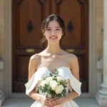 Mariée en robe simple et classe ivoire devant une mairie parisienne pour un mariage civil
