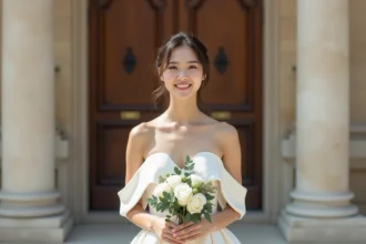 Mariée en robe simple et classe ivoire devant une mairie parisienne pour un mariage civil