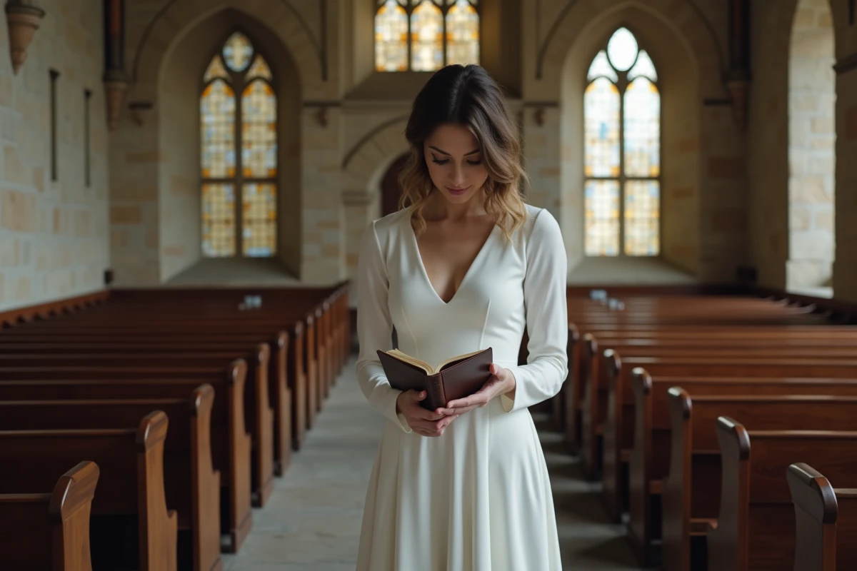 Mariée en robe longue blanche sobre dans une chapelle en pierre pour un mariage religieux