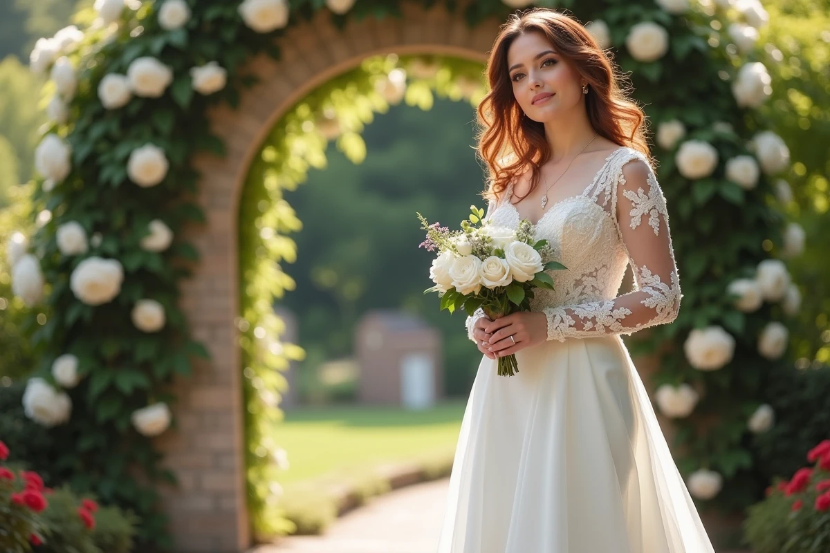 Femme ronde en robe de mariée sirène à manches illusion dentelle dans un jardin fleuri romantique
