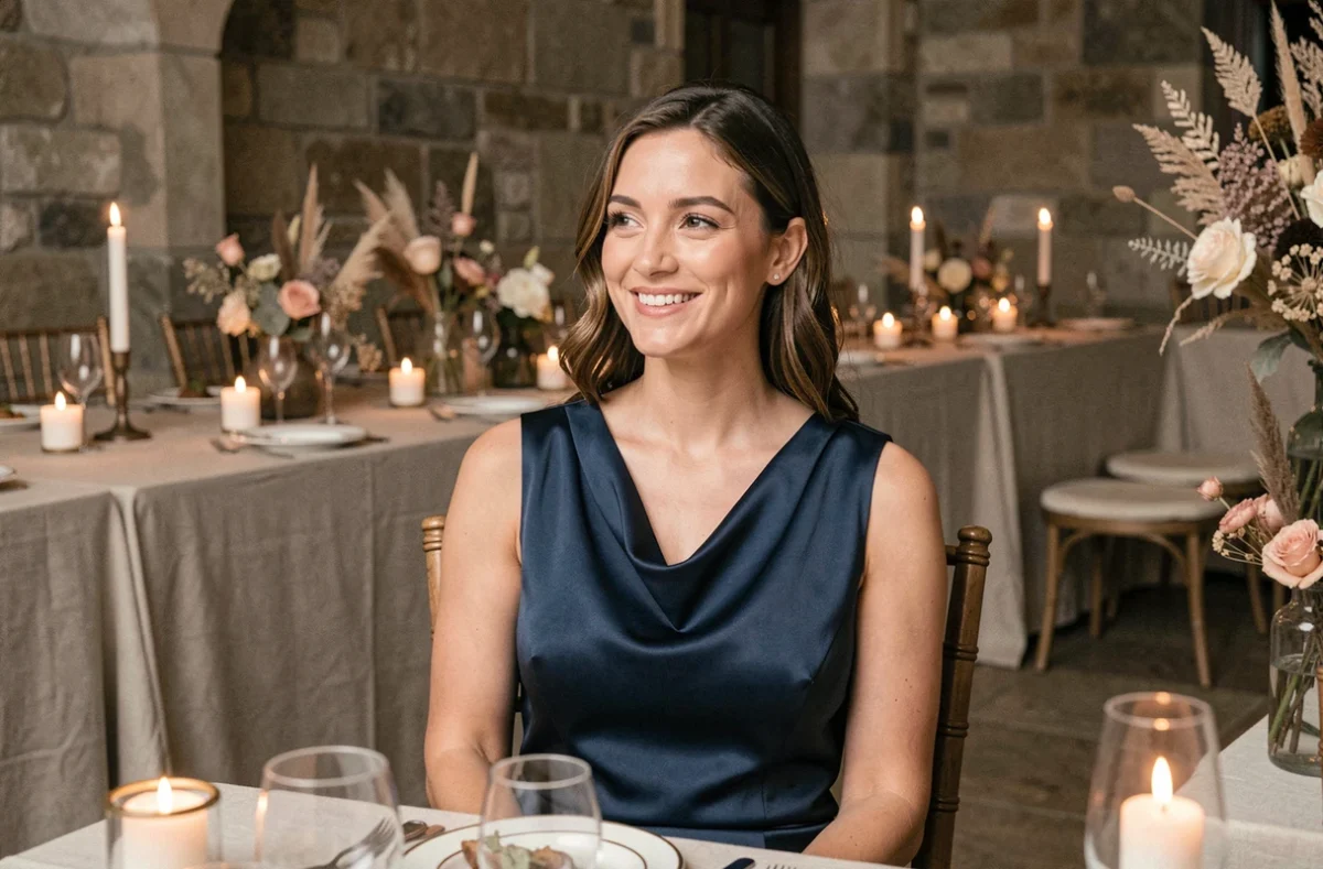 Femme en robe de soirée de mariage minimaliste bleu nuit assise à une table de réception élégante, avec une expression détendue et naturelle