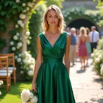 Femme portant une robe verte courte élégante lors d'un mariage en jardin avec bouquet de pivoines blanches