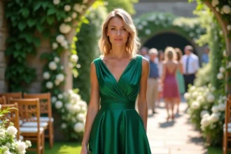 Femme portant une robe verte courte élégante lors d'un mariage en jardin avec bouquet de pivoines blanches