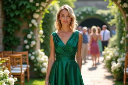 Femme portant une robe verte courte élégante lors d'un mariage en jardin avec bouquet de pivoines blanches