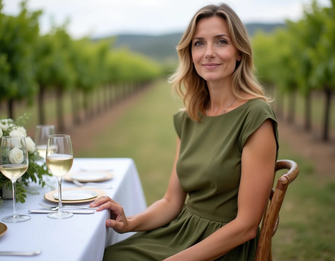 Invitée en robe verte midi assise à une table de mariage dans un domaine viticole en plein air