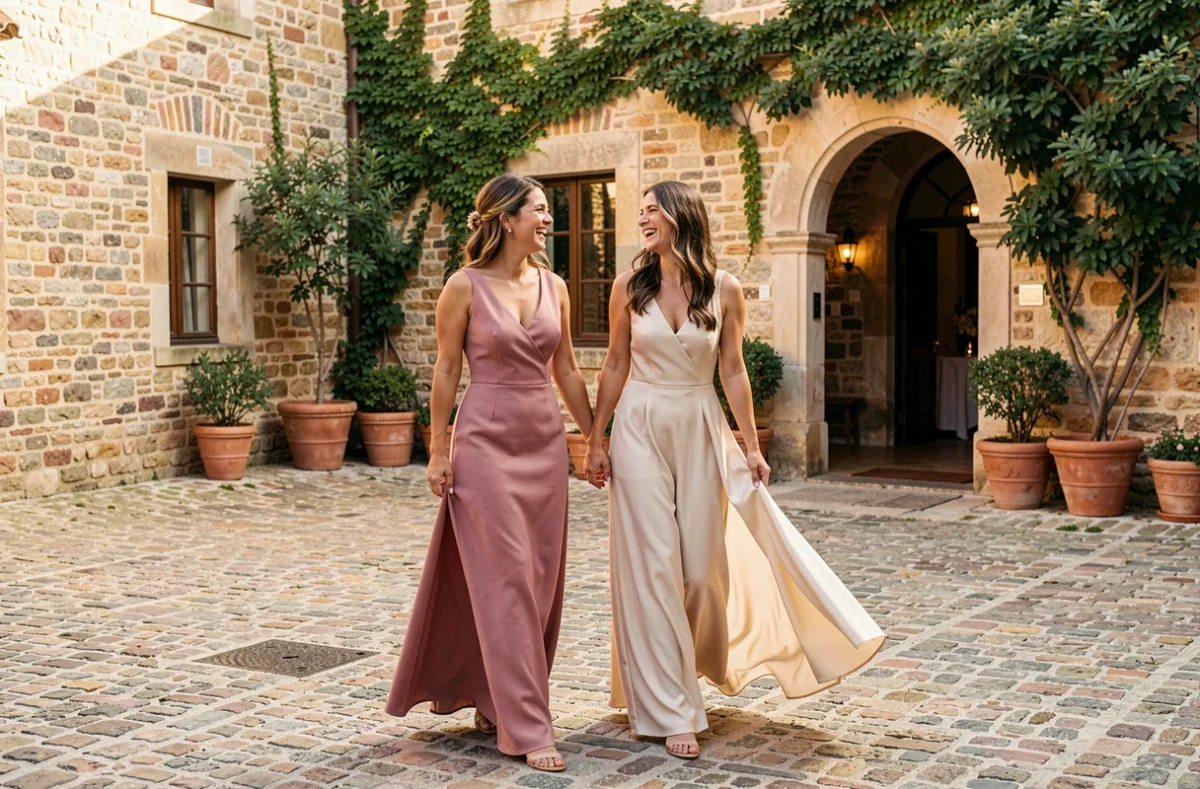 Deux femmes en robes de soirée de mariage discrètes et élégantes marchant et riant dans une cour en pierre d'un domaine provençal lors d'une réception de mariage