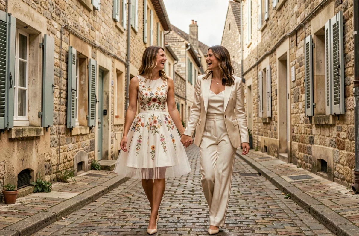 Deux mariées en robes de mariée courtes originales marchant et riant dans une rue pavée d'un village français