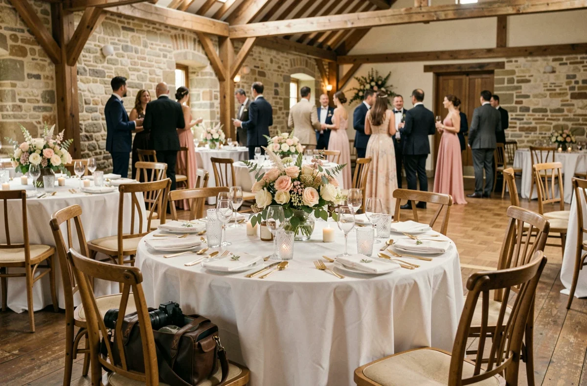 Décoration de salle de réception mariage à Saint-Omer avec matériel de photographe en avant-plan