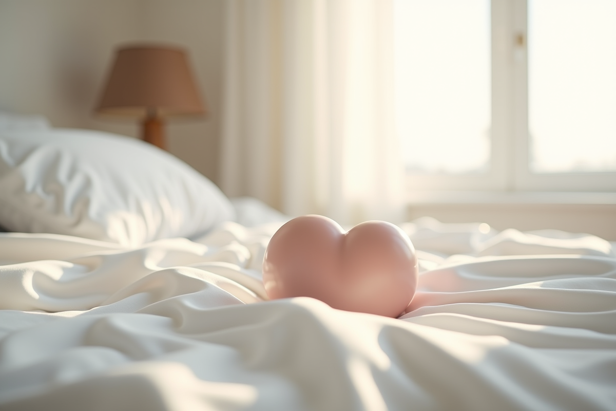 Petite sculpture en cire en forme de coeur sur draps blancs
