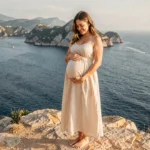Femme enceinte en robe crème posant sur les rochers face à la mer à Marseille lors d'une séance photo grossesse