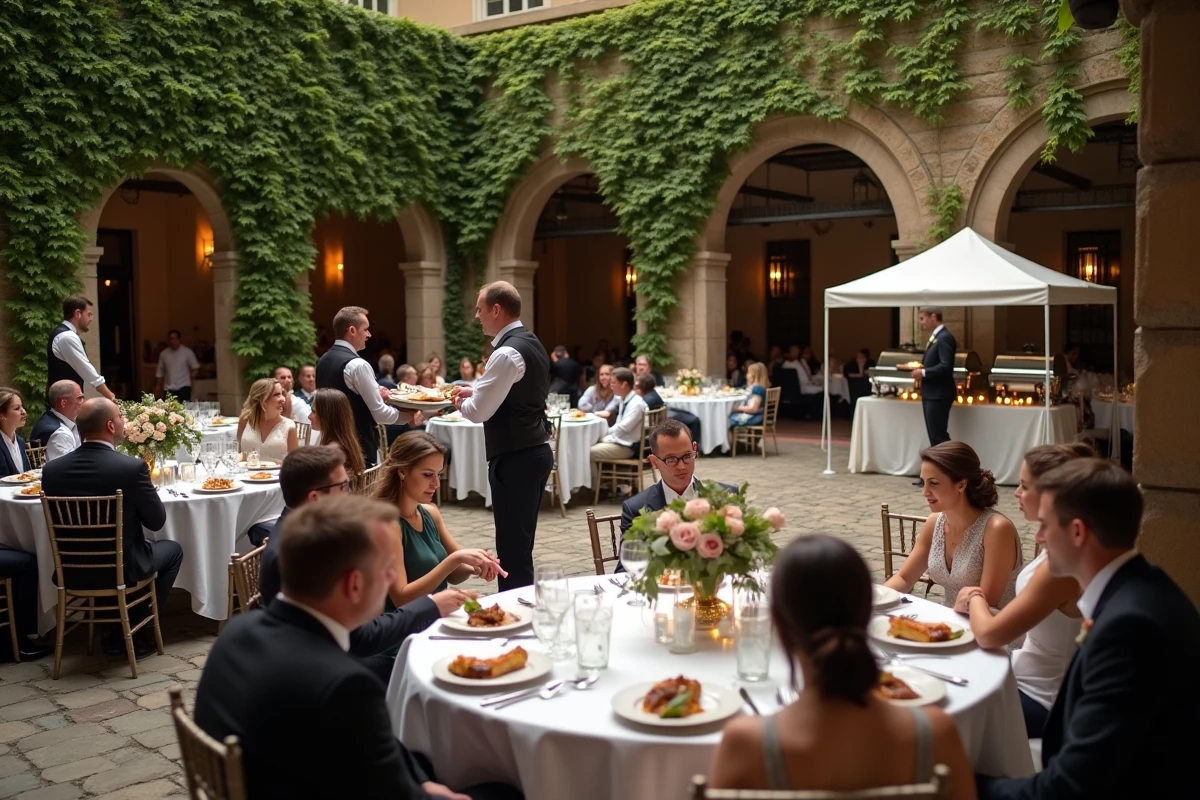 Service traiteur lors d'un mariage en plein air avec personnel et buffet inclus