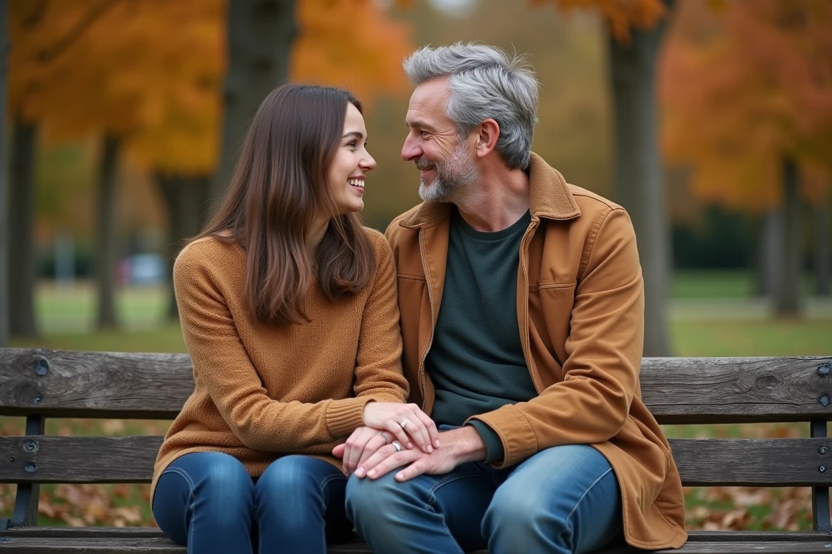 Couple tenant leurs mains enlacées sur un banc de parc en automne, arborant des bagues aux doigts symbolisant leur relation et leur engagement mutuel