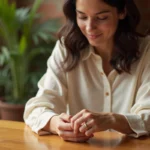 Femme glissant une bague en or sur son doigt dans un café chaleureux, symbolisant l'engagement et la signification des bagues dans les relations amoureuses