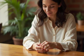 Femme glissant une bague en or sur son doigt dans un café chaleureux, symbolisant l'engagement et la signification des bagues dans les relations amoureuses