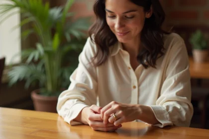 Femme glissant une bague en or sur son doigt dans un café chaleureux, symbolisant l'engagement et la signification des bagues dans les relations amoureuses