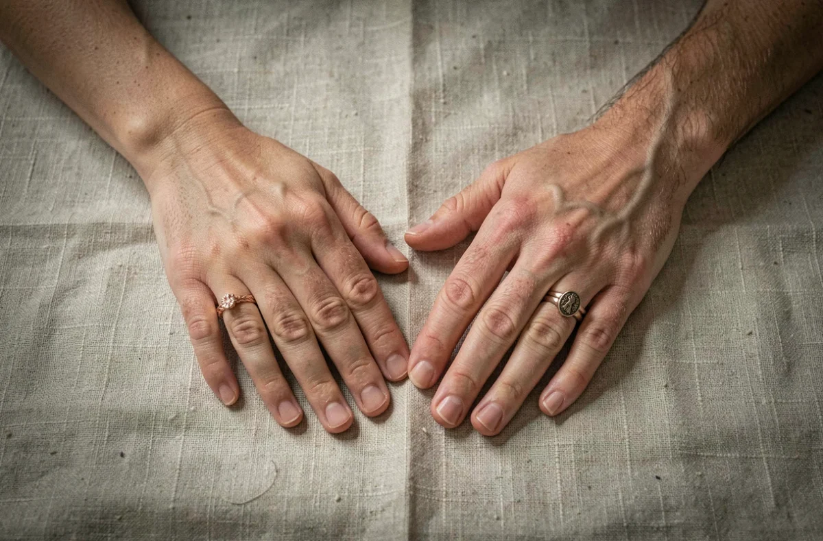 Mains d'un homme et d'une femme côte à côte portant des bagues variées aux doigts des deux mains, symbolisant les différentes significations selon le doigt choisi