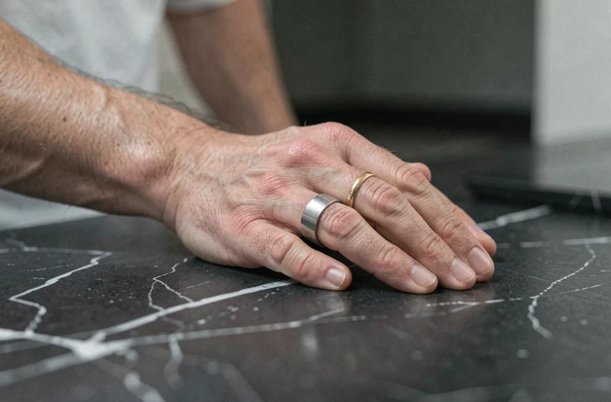 Main d'homme portant une bague en argent à la main droite et une alliance en or à la main gauche sur un comptoir en marbre sombre