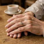 Mains de femme portant des bagues à différents doigts, main droite et main gauche, sur une table en bois dans un café