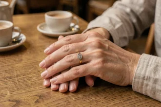 Mains de femme portant des bagues à différents doigts, main droite et main gauche, sur une table en bois dans un café