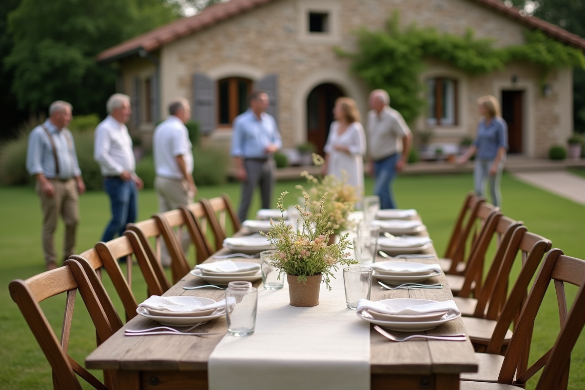 Table de campagne avec invités et décor rustique