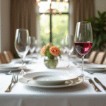 Table de dîner élégante dans une salle lumineuse avec verre de vin rouge