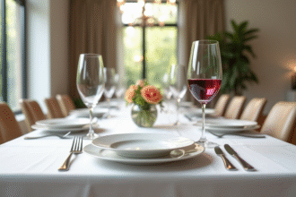 Table de dîner élégante dans une salle lumineuse avec verre de vin rouge