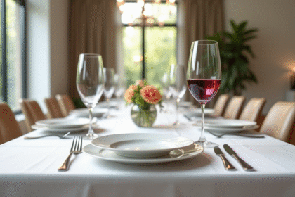 Table de dîner élégante dans une salle lumineuse avec verre de vin rouge