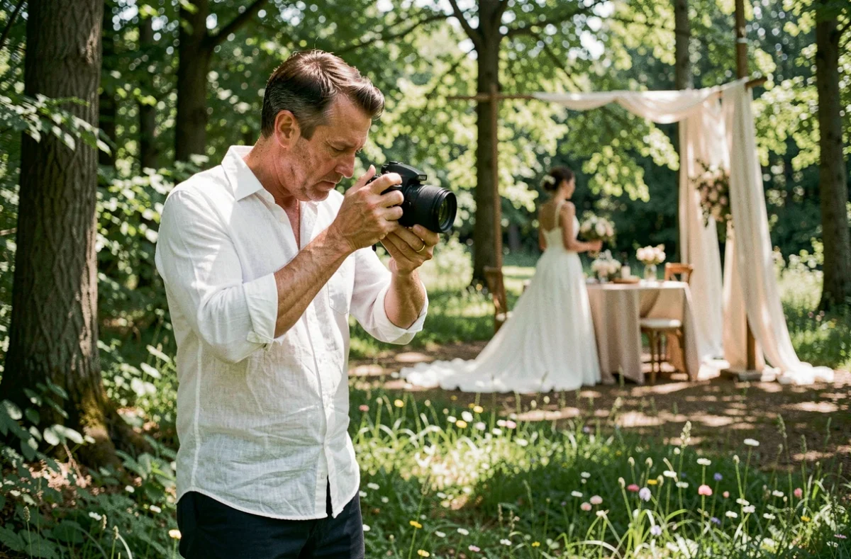 Tantdelumiere-Photographie, photographe de mariage dans une clairière boisée des Yvelines, préparant une séance en forêt