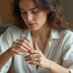 Jeune femme examinant un tatouage alliance infini éphémère sur son annulaire, assise à une table en bois clair