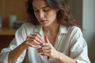 Jeune femme examinant un tatouage alliance infini éphémère sur son annulaire, assise à une table en bois clair
