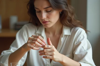 Jeune femme examinant un tatouage alliance infini éphémère sur son annulaire, assise à une table en bois clair