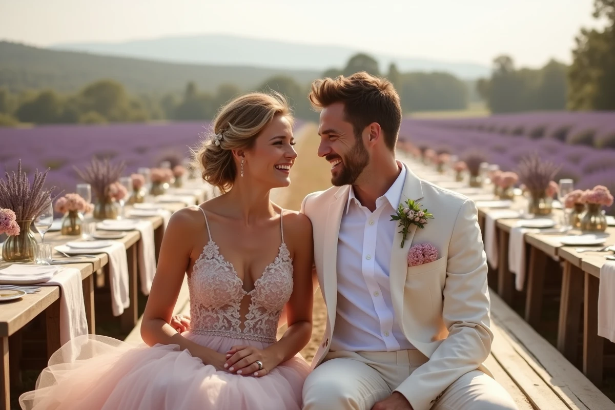 Mariée en robe rose blush et marié en costume crème coordonnés dans un champ de lavande en Provence