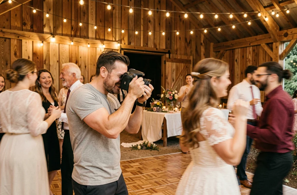 Thomas Music Photo, photographe de mariage en mouvement lors d'une danse en plein air dans une grange des Yvelines