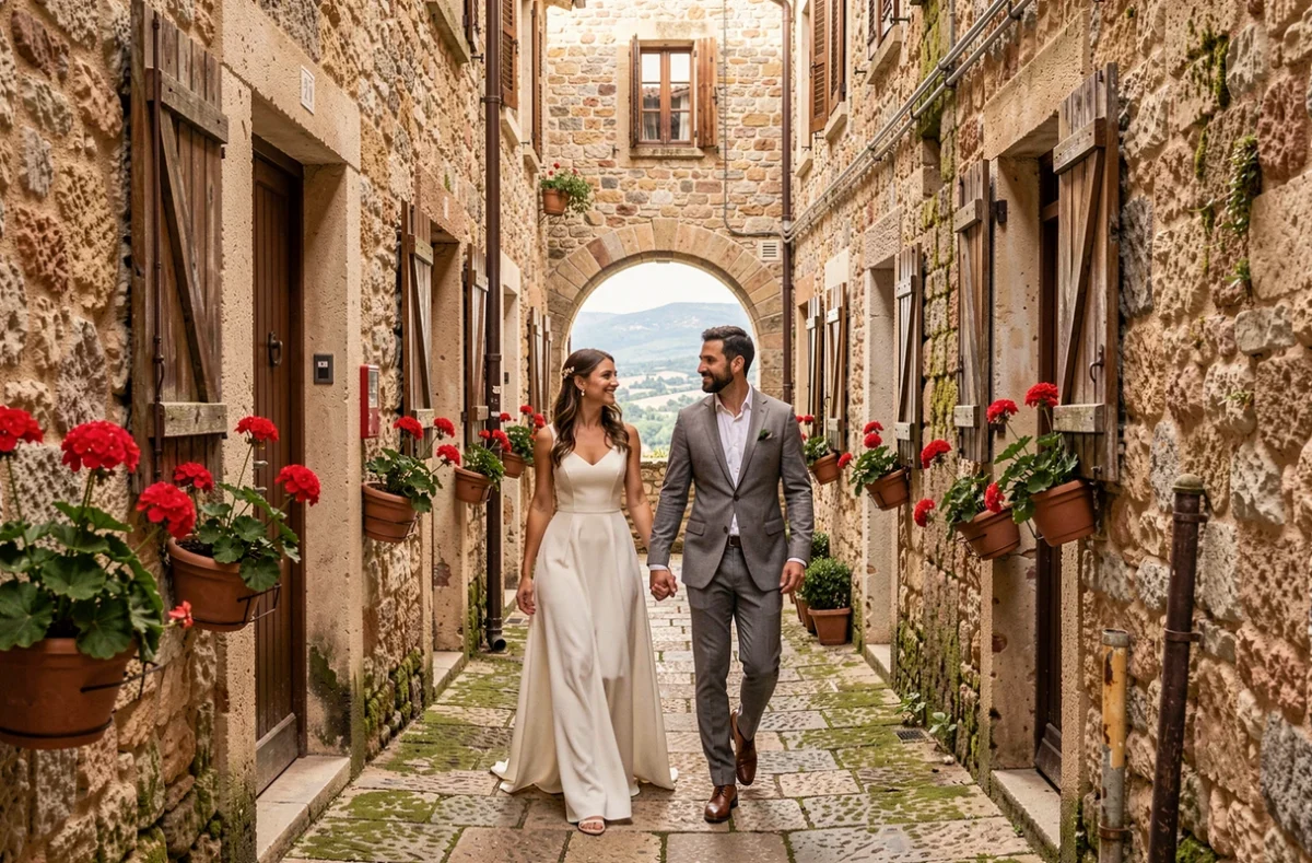 Couple de mariés se promenant dans une ruelle médiévale de Carros avec vue sur la vallée du Var
