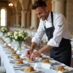 Traiteur professionnel dressant des assiettes pour un mariage dans une salle de réception élégante