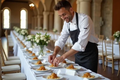 Traiteur professionnel dressant des assiettes pour un mariage dans une salle de réception élégante